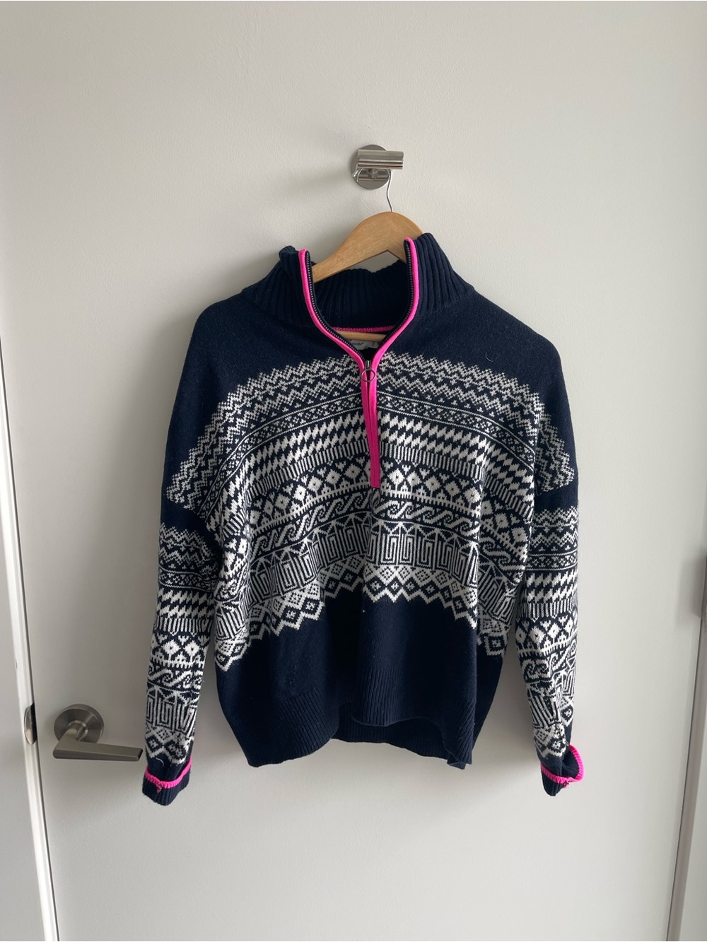 Vineyard Vines Navy Fair Isle Half-Zip Sweater with Pink Trim